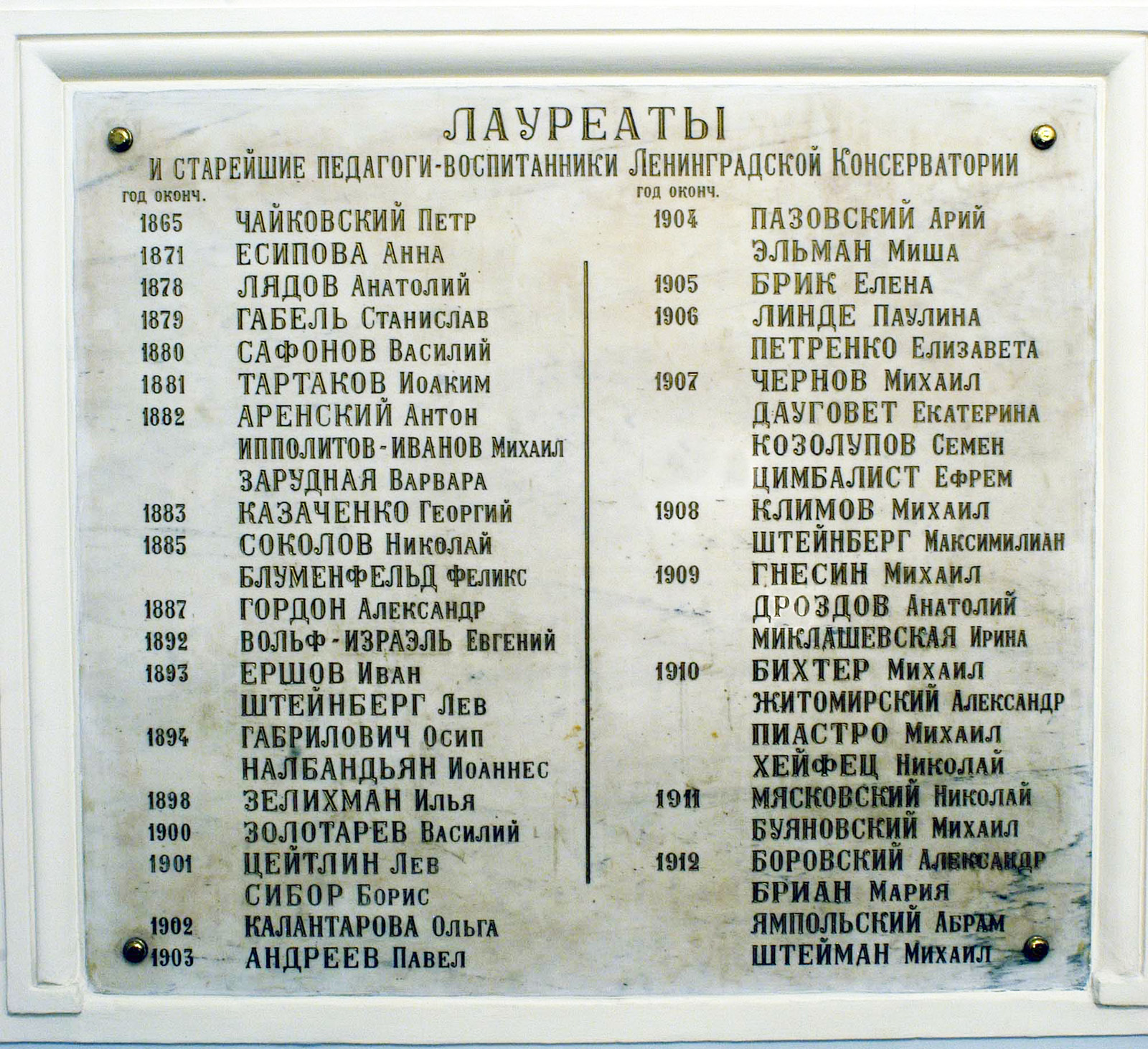 Памятная доска "Лауреаты и старейшие педагоги-воспитанники Ленинградской консерватории". Площадка лестницы Малого зала.